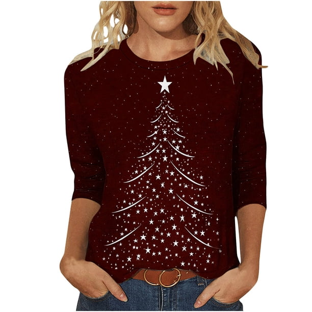Camisetas de Navidad para Mujeres, 3/4 Manga Cuello Redondo Blusa con Estampado de Vacaciones, Top de Moda Casual