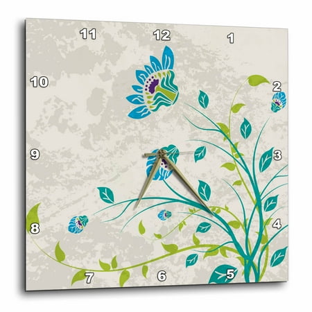 Nouveau Green (3dRose Lime Green Blue Turquoise and Purple Art Nouveau Style Flowers On Grunge Floral Decorative Nature, Wall Clock, 13 by)