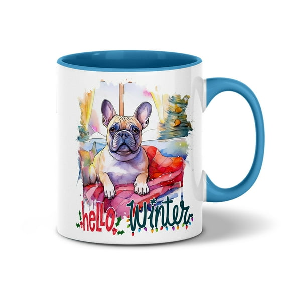 Watercolor Hello Winter French Bulldog Chill Christmas Welcome 11oz Accent Two-tone Mug Dog Lover Gifts Coffee Tea Cup - 00016