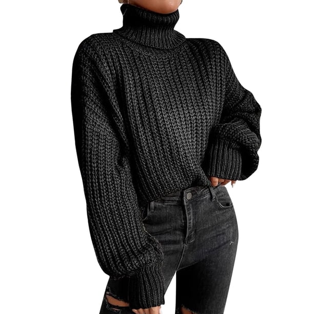 Gibobby Casual Suéter para Mujer, Suéteres para Mujer Suéter Mujeres otoño Manga Larga Elegante suéter suéter Casual Color sólido Damas Prendas de Punto(Negro,CH)