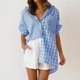 thumbnail image 4 of Camiseta De Gran Tamaño Camisa casual a cuadros para mujer Colorblock Camisa mezclada de algodón Blusas Traje de vacaciones Cgtredaw Azul S para Mujer, 4 of 7