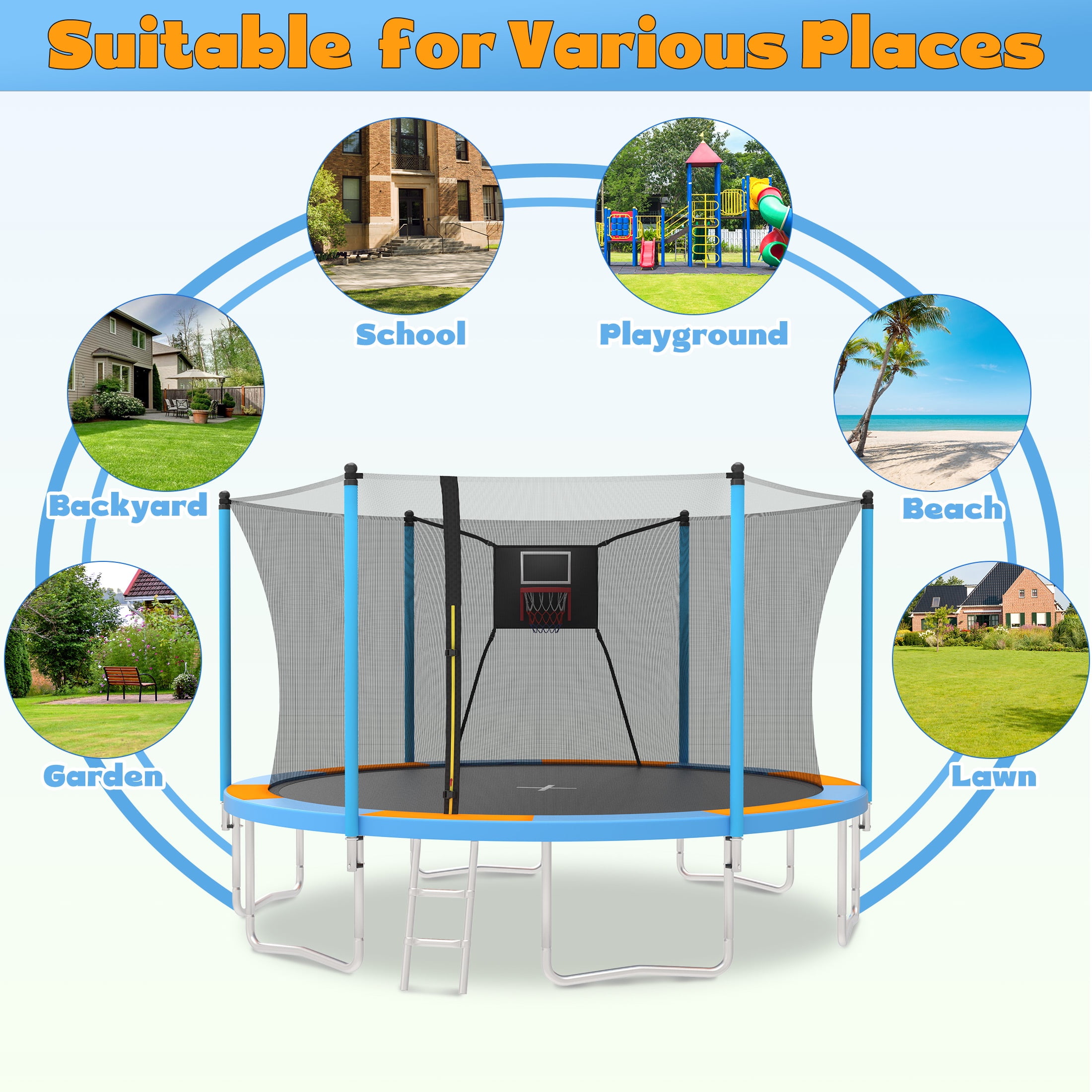 14FT Trampoline for Adults Kids, SEGMART Upgraded Kids Outdoor Trampoline with Basketball Hoop, Safety Enclosure Net, Heavy Duty Recreational Round Trampoline for Indoor Outdoor Backyard, Blue