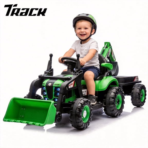 Track Seven 24V Ride on Excavator, 4-in-1 Construction Tractor with 180° Swivel Seat, Detachable Wagon, Manual Backhoe Lever, Remote Control, Music, 24V Ride on Toy Car for Boys Girls Aged 3 , Green
