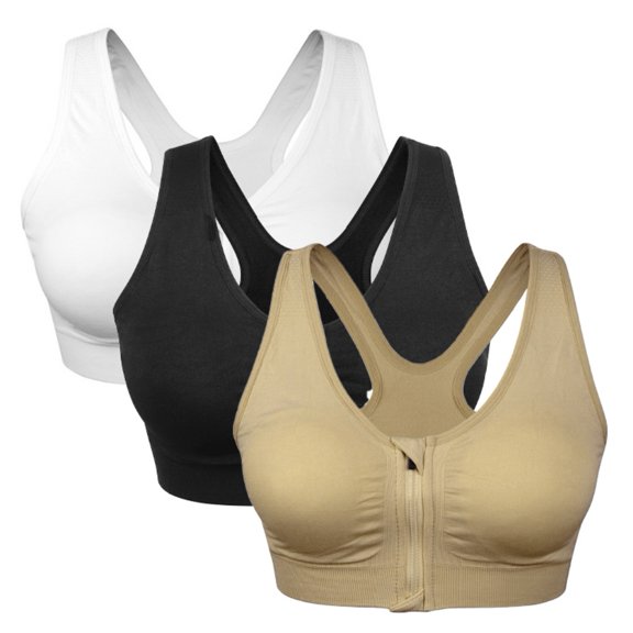3 Pack Women's Zip Front Sports Bra Wireless Padded Push Up Wirefree Yoga Bras Racerback Workout Gym Bra Top
