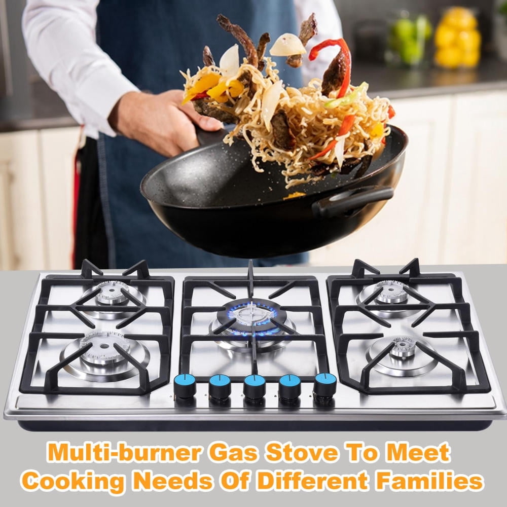 Flylapdo 110V 3.3kW Electric Ignition Propane Cooktop, Convertible Nozzles Stainless Steel 5 Burners Stove for Home and Commercial Kitchens