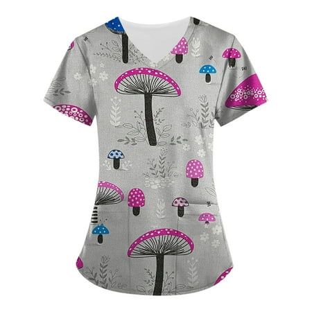 

QAZXD Womens Summer Scrubs Tops V-Neck Short Sleeve Printed Blouse S-5XL with Two Pockets Gray