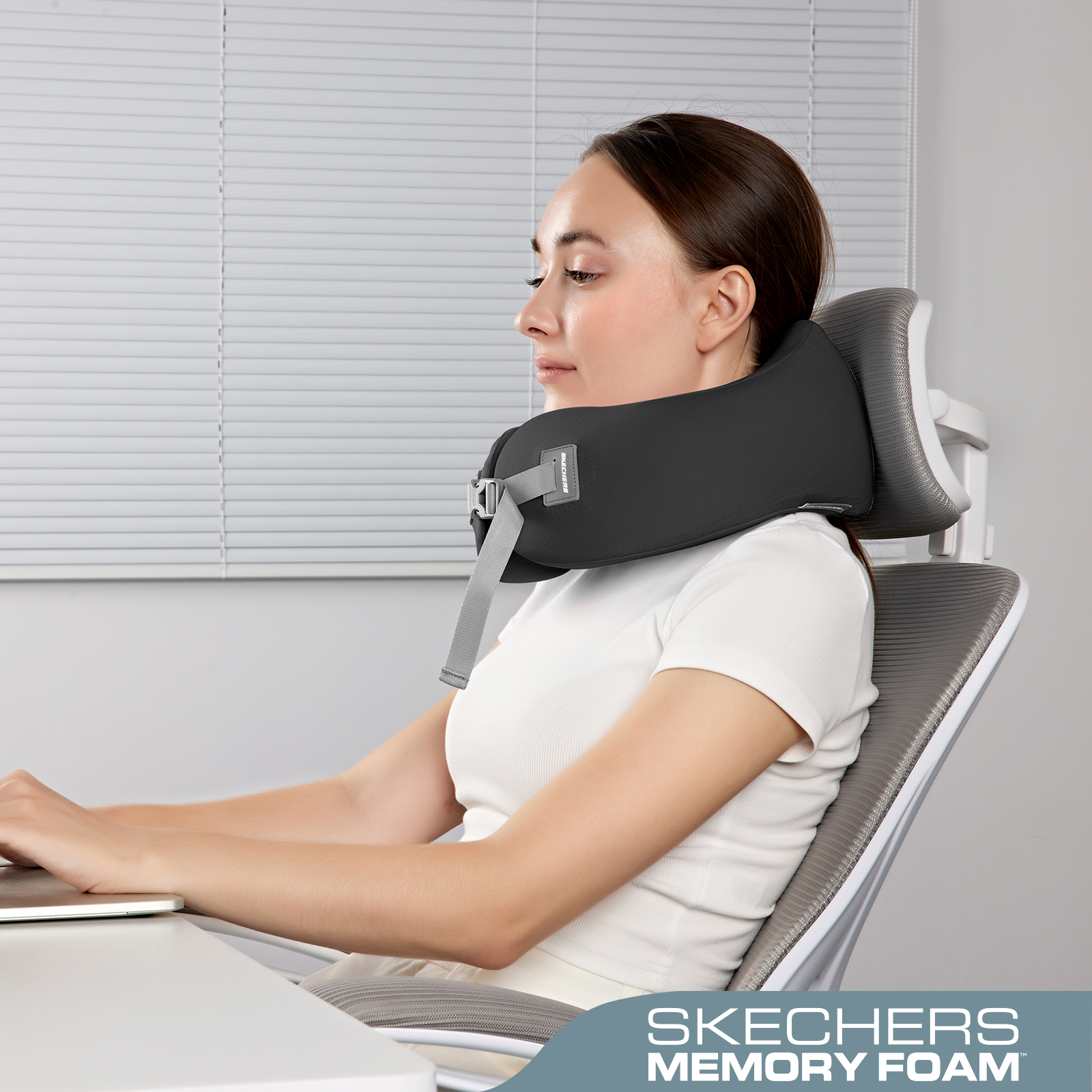 Skechers Memory Foam Car U-Shaped Neck Pillow,Ergonomic Support,Breathable Mesh,Removable Cover,for Car,Office,and Travel Black