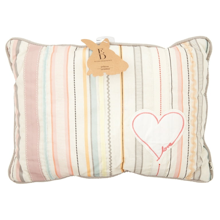 ED Ellen DeGeneres Cotton Tail Soft 100 Cotton Multi Color Ribbon Stripe with Heart Applique Decorative Pillow