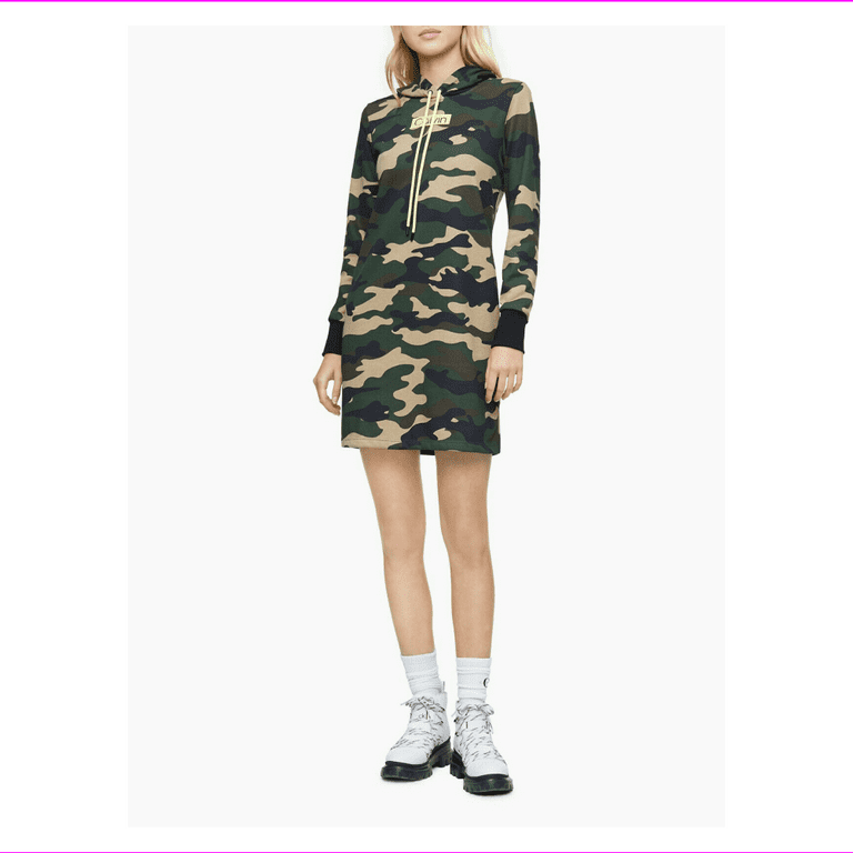 Calvin Klein Camo Printed Hoodie Sweater Dress, Olive Multi, Large | Sweatkleider