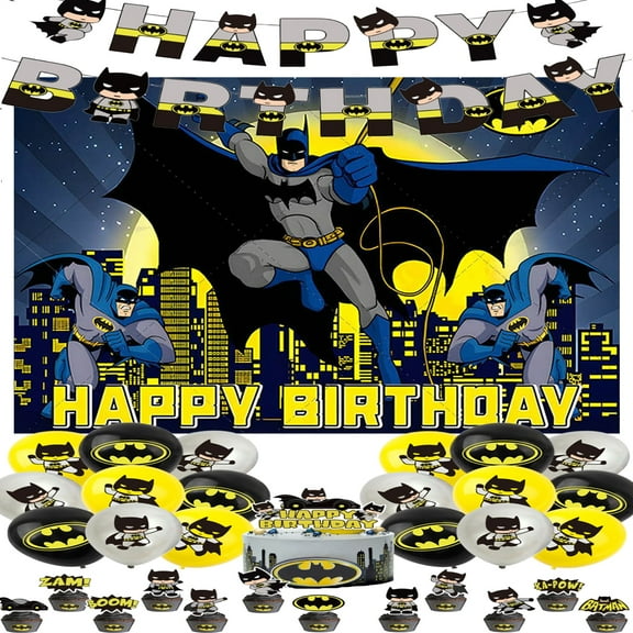 Cartoon Batman Themed Birthday Party Decor Supplies Kits, Including Banner, Balloons, Cake Toppers, Cupcake Toppers.