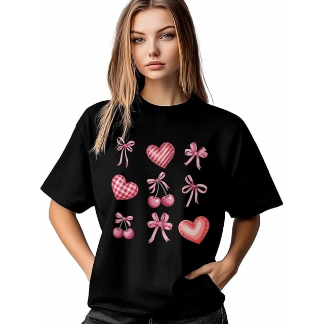 Camiseta de mujer, camisetas de manga corta, camisetas casuales, camisetas de cuello redondo con lazo de cereza y corazón de amor rosa para mujer