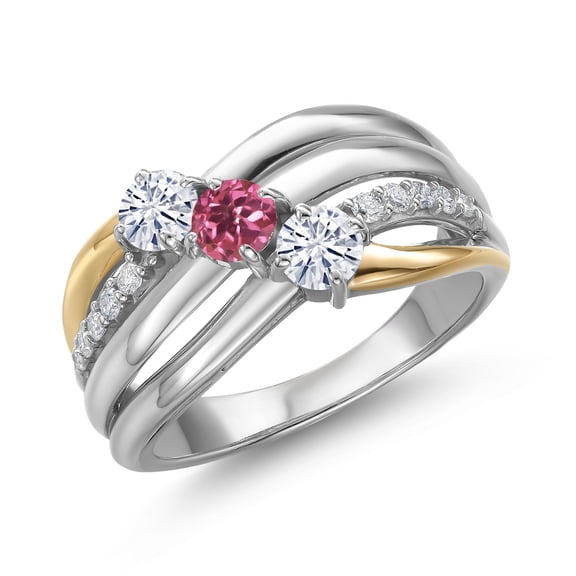 Gem Stone King 925 Silver and 10K Yellow Gold Moissanite and Pink Tourmaline and Lab Grown Diamond Engagement Ring for Women | 0.86 Cttw | Round 4MM | Birthstone | Size 9