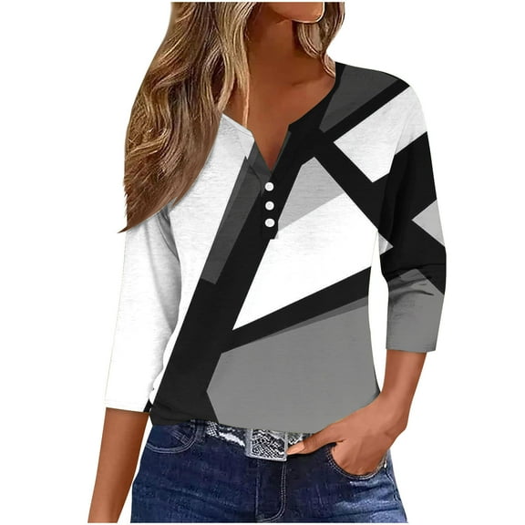 ZQUUVOU Womens T-Shirts Printed Short 3/4 Sleeve Blouse Henley V Neck Casual Tops(Gray,M)