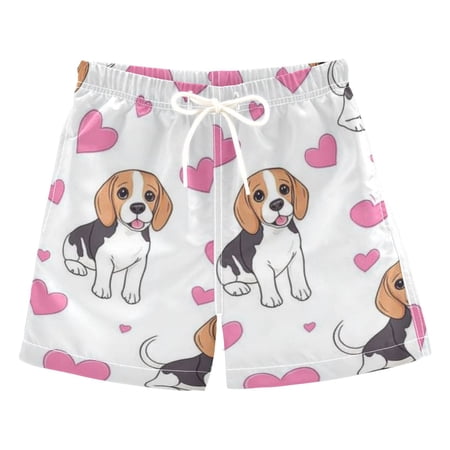 Cute Beagle Dogs Hearts Valentine Boys Swim Trunks Board Shorts Beach Pants Bathing Bottoms S