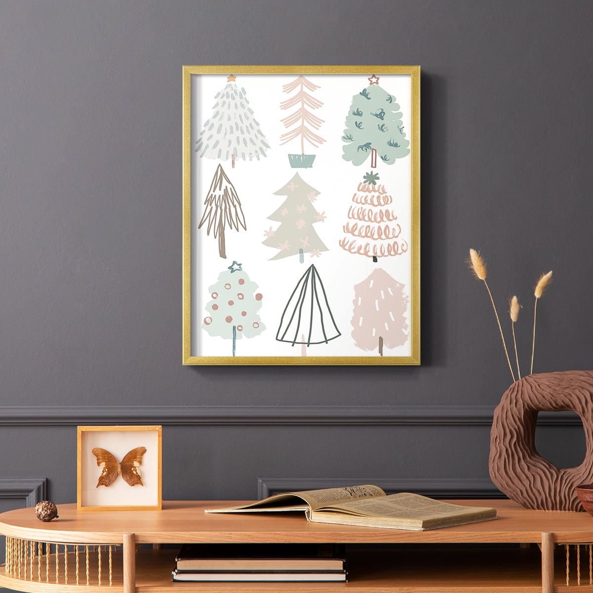 Christmas Tree Sketchbook I Framed Print in Gold Solid Wood Framed Print No Nail Hanging