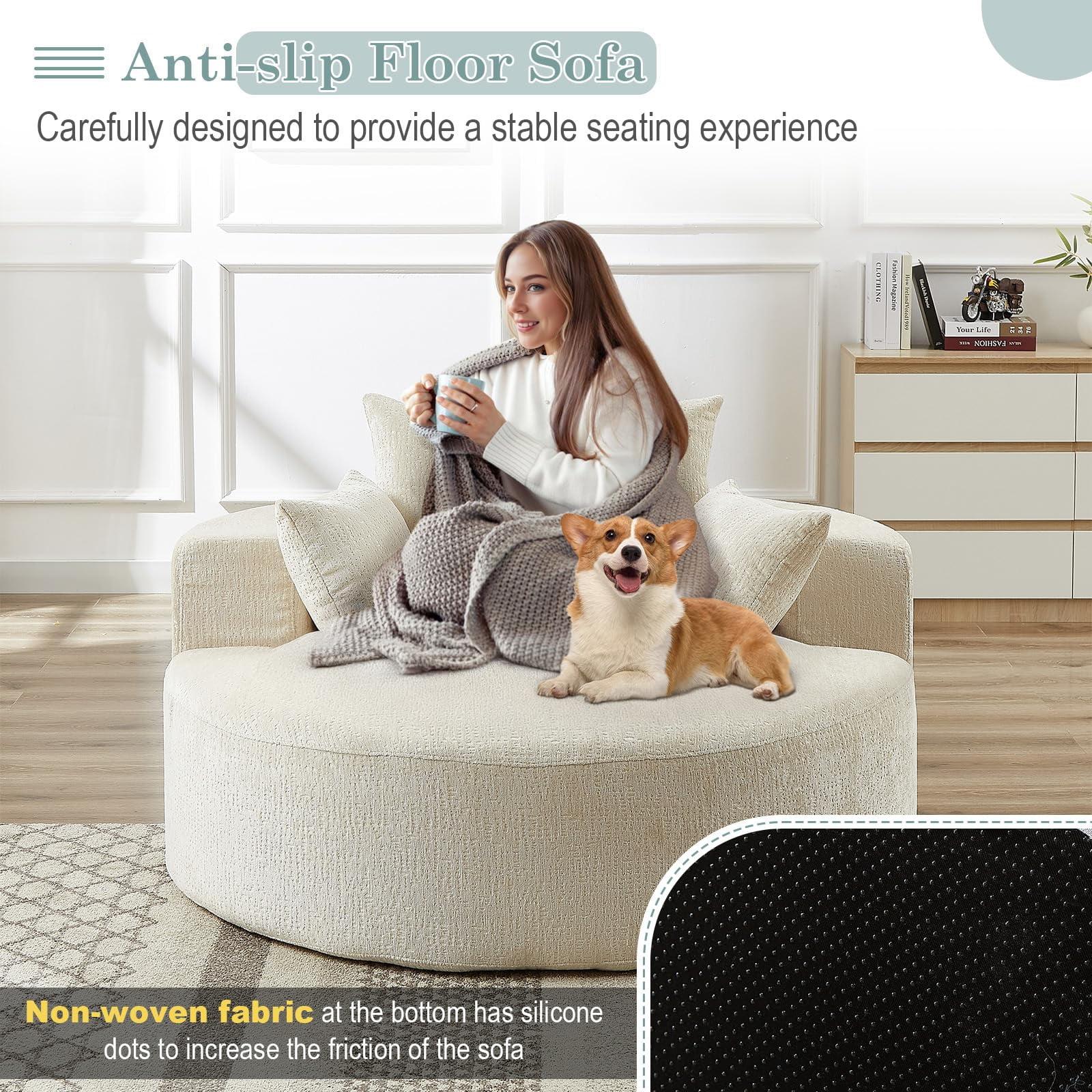 Aukfa 55" Oversized Chenille Chaise Lounge Chair Indoor, Round Boneless Sleeper Chair with Deep Seat & Pillows, Beige