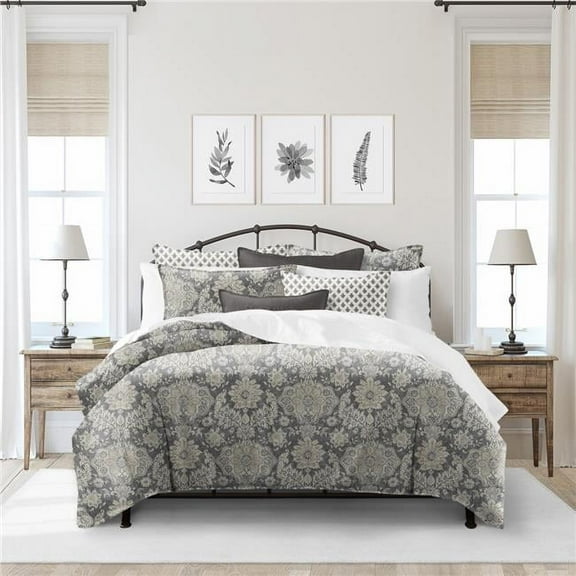 Osha Comforter & 1 Pillow Sham Set, Mocha & Charcoal - Twin Size - 2 Piece