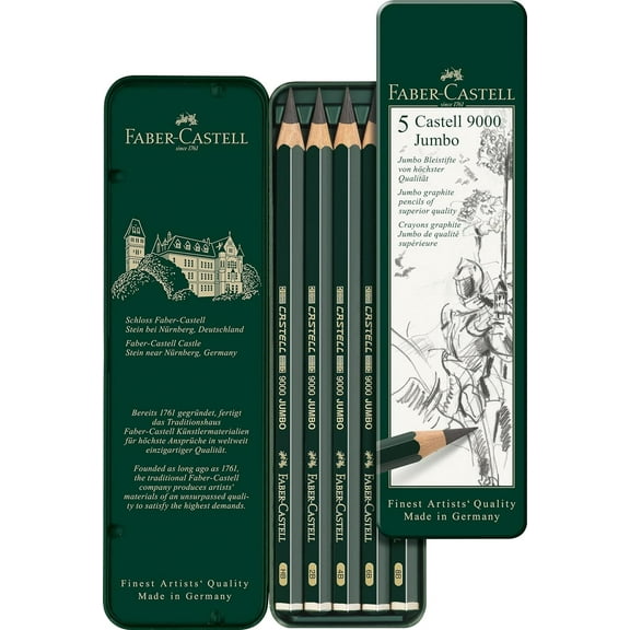 Faber Castell 9000 Jumbo Graphite Pencils - HB, 2B, 4B, 6B, 8B - Gift Tin of 5