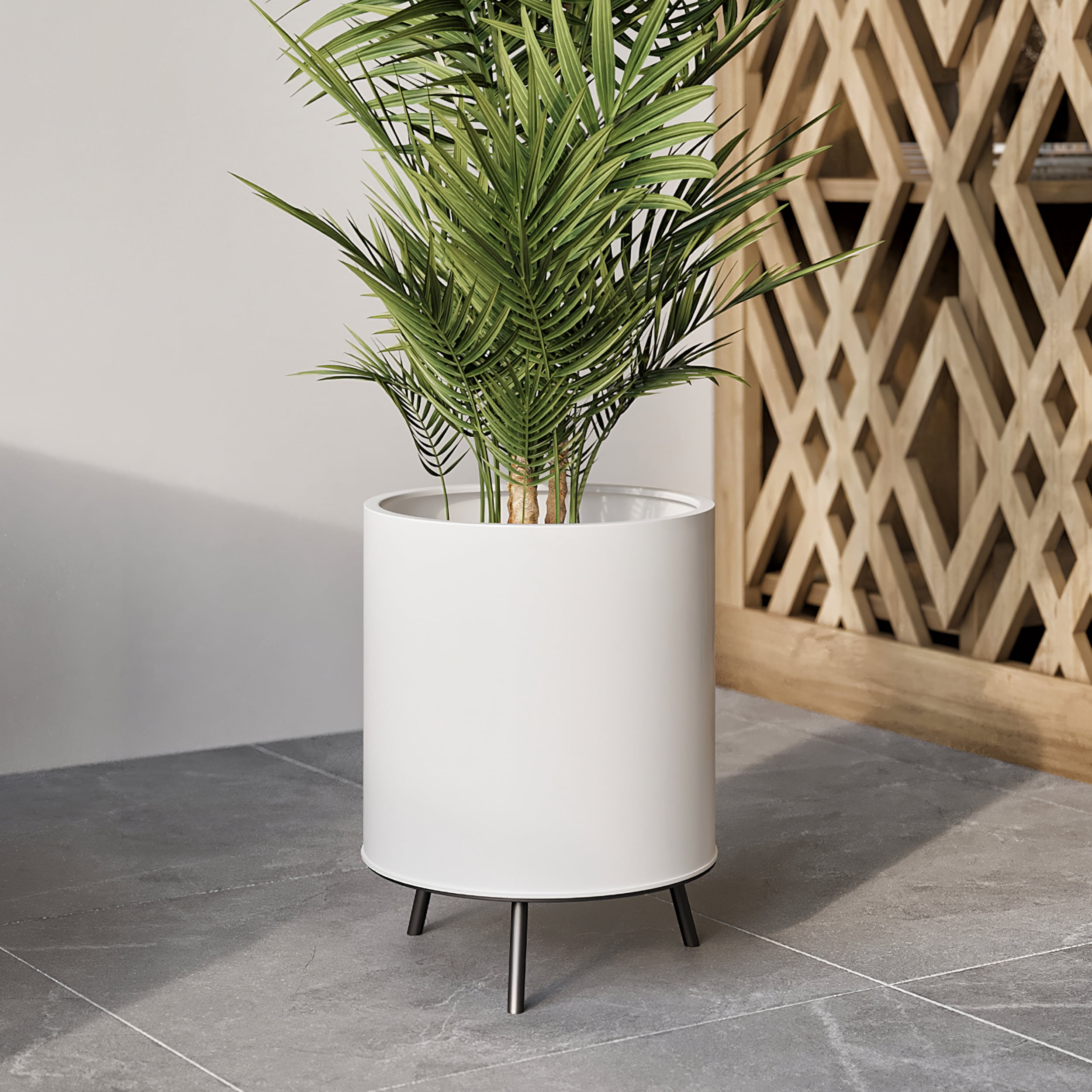 Raya White Mid-Century Modern Indoor Metal Pot Planter with 3-Leg Metal Base - 16" H x 12.25" W