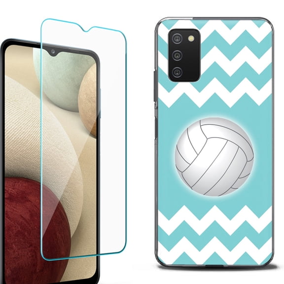 Slim-Fit Protective Fashion Phone Case (Black) for Samsung Galaxy A03s, with Tempered Glass Screen Protector, by OneToughShield ® - Chevron/Volleyball