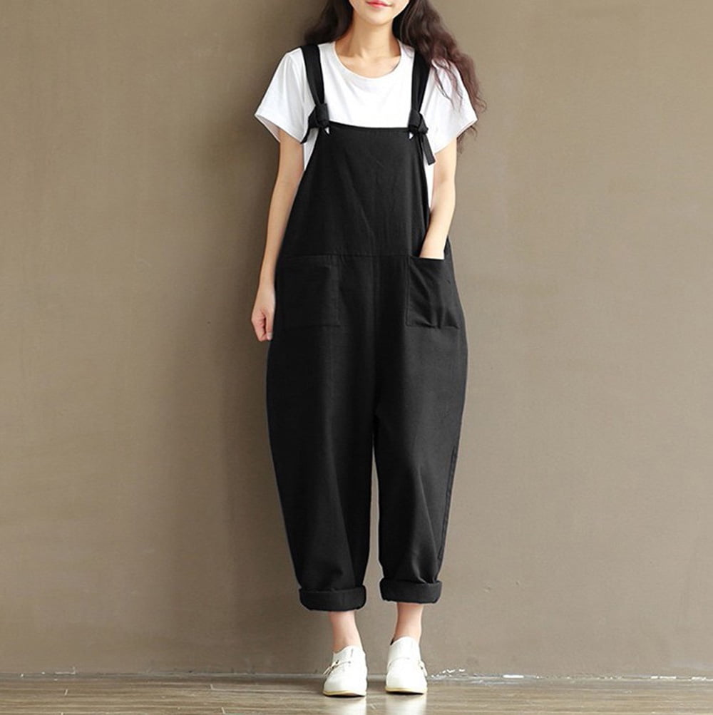 Women Summer Baggy Retro Dungarees Vintage Printed Loose Casual Sleeveless Overall Long Jumpsuit Playsuit Trousers Pants Loose Wide Leg Adjustable Buckle 