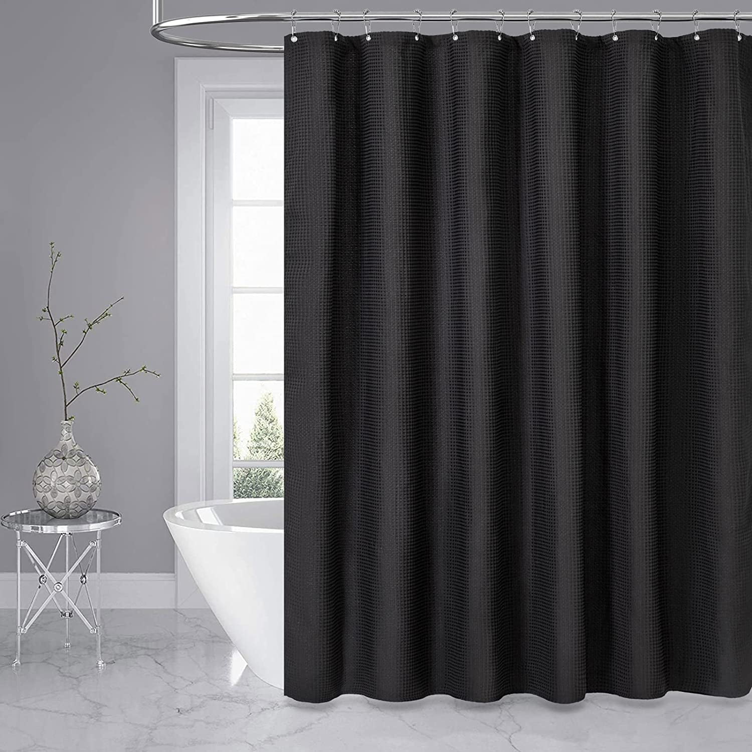 Extra Wide Shower Curtain - 180 Inch Wide Waffle Weave Weighted Thick Cloth Bathroom Shower Curtain, Neutral Heavy Duty Hotel Bath Curtain Set with 32 Plastic Hooks,180x72, Black