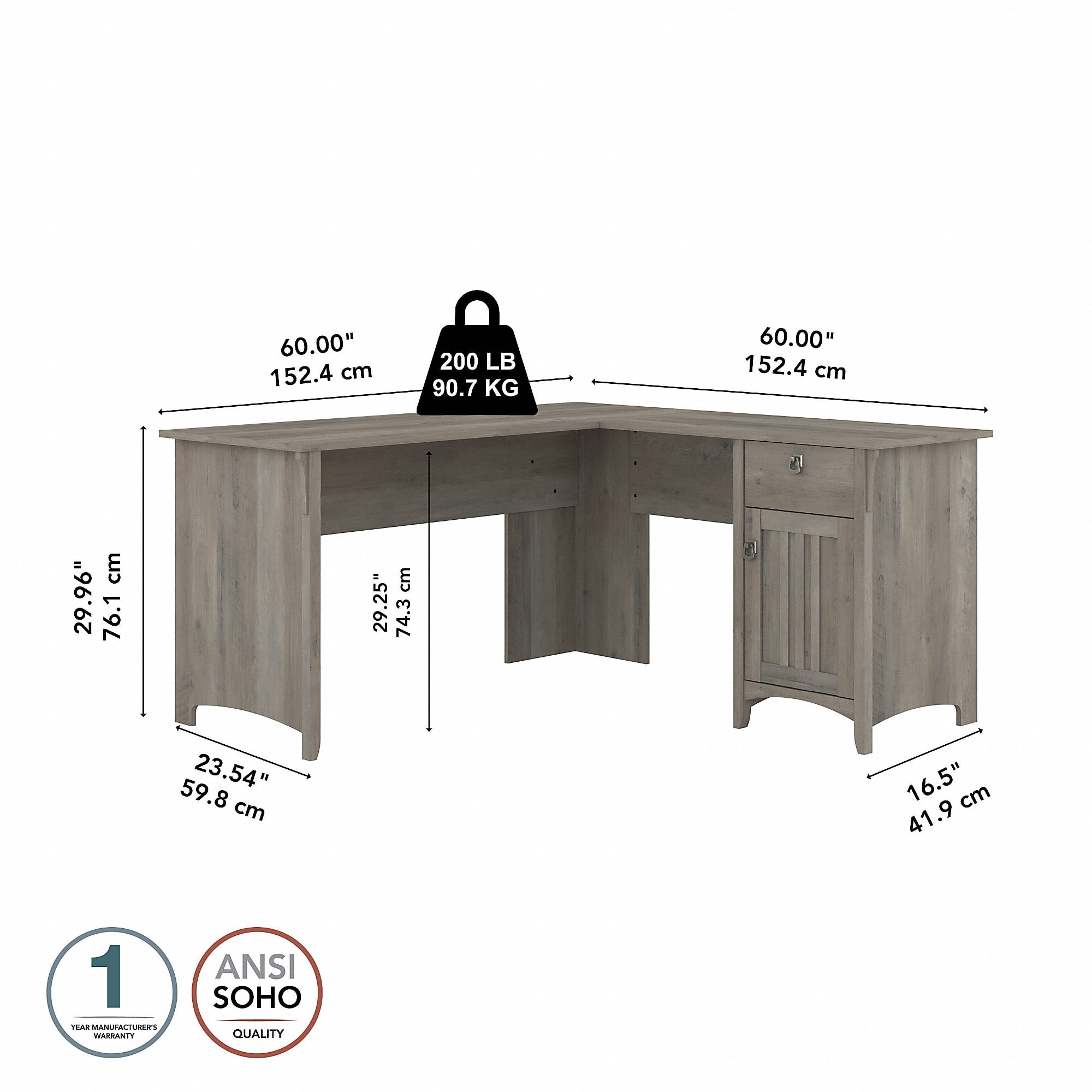 Bush Furniture Salinas 60" L Shaped Desk with Storage, Driftwood Gray
