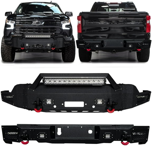 Vijay Compatible with 2022-2023-2024 Chevrolet Silverado 1500 Front and Rear Bumper Textured Black Steel with LED Lights and D-rings