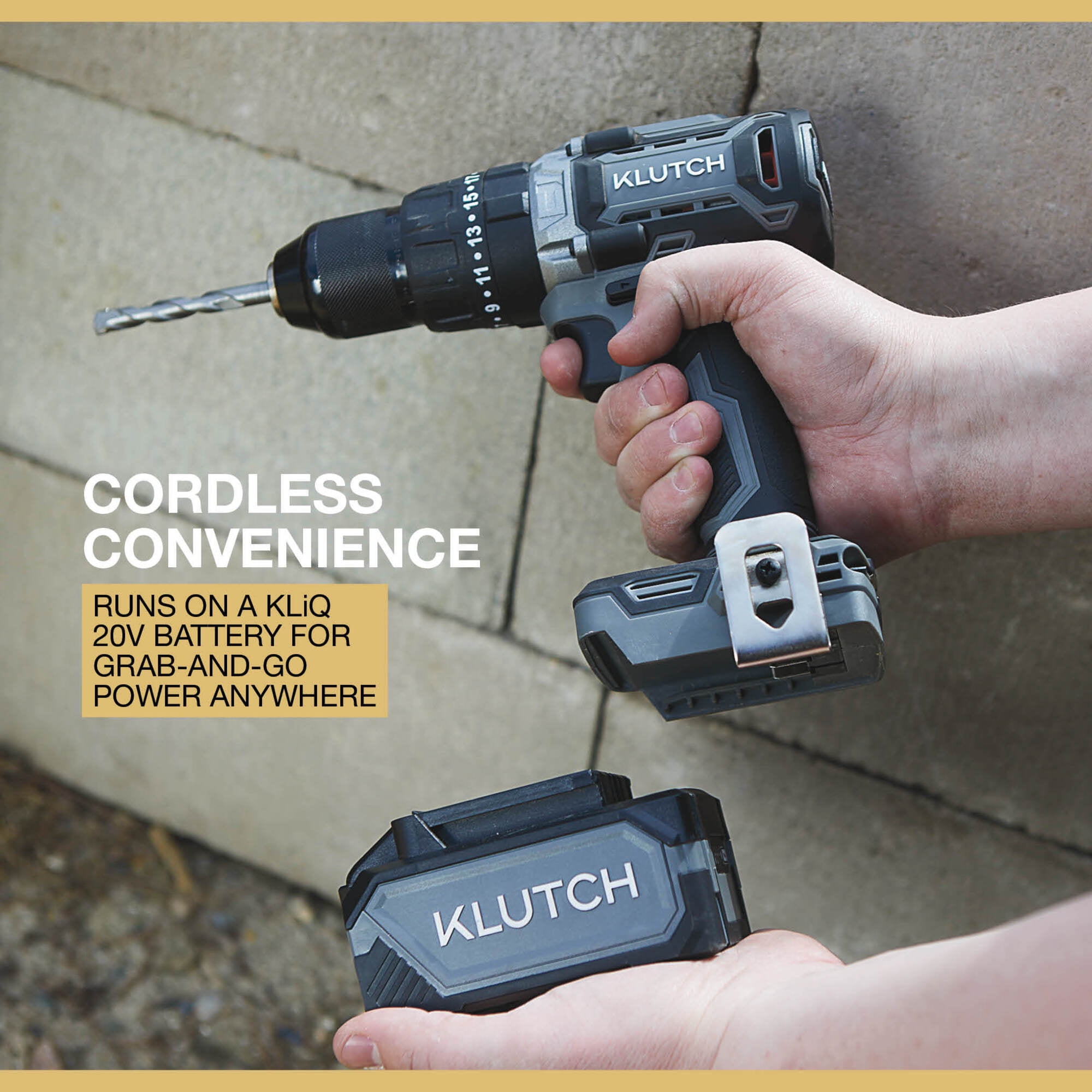Klutch 1/2in. Hammer Drill/Driver and 1/4in. Impact Driver Kit, KLiQ 20V, Brushless, Cordless, 2.0Ah
