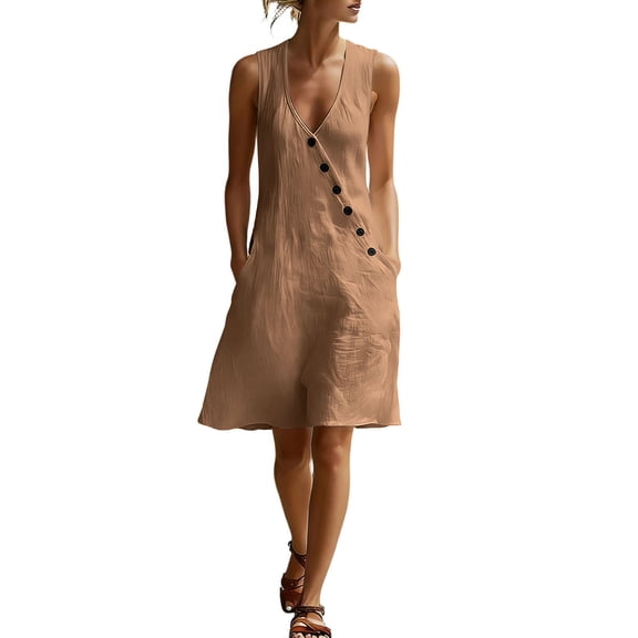 Efsteb Summer Dresses for Women Sleeveless V-Neck Button Cotton Blend Mini Dress Casual Loose Fit A-Line Dress with Pockets Sundress (Khaki,L)