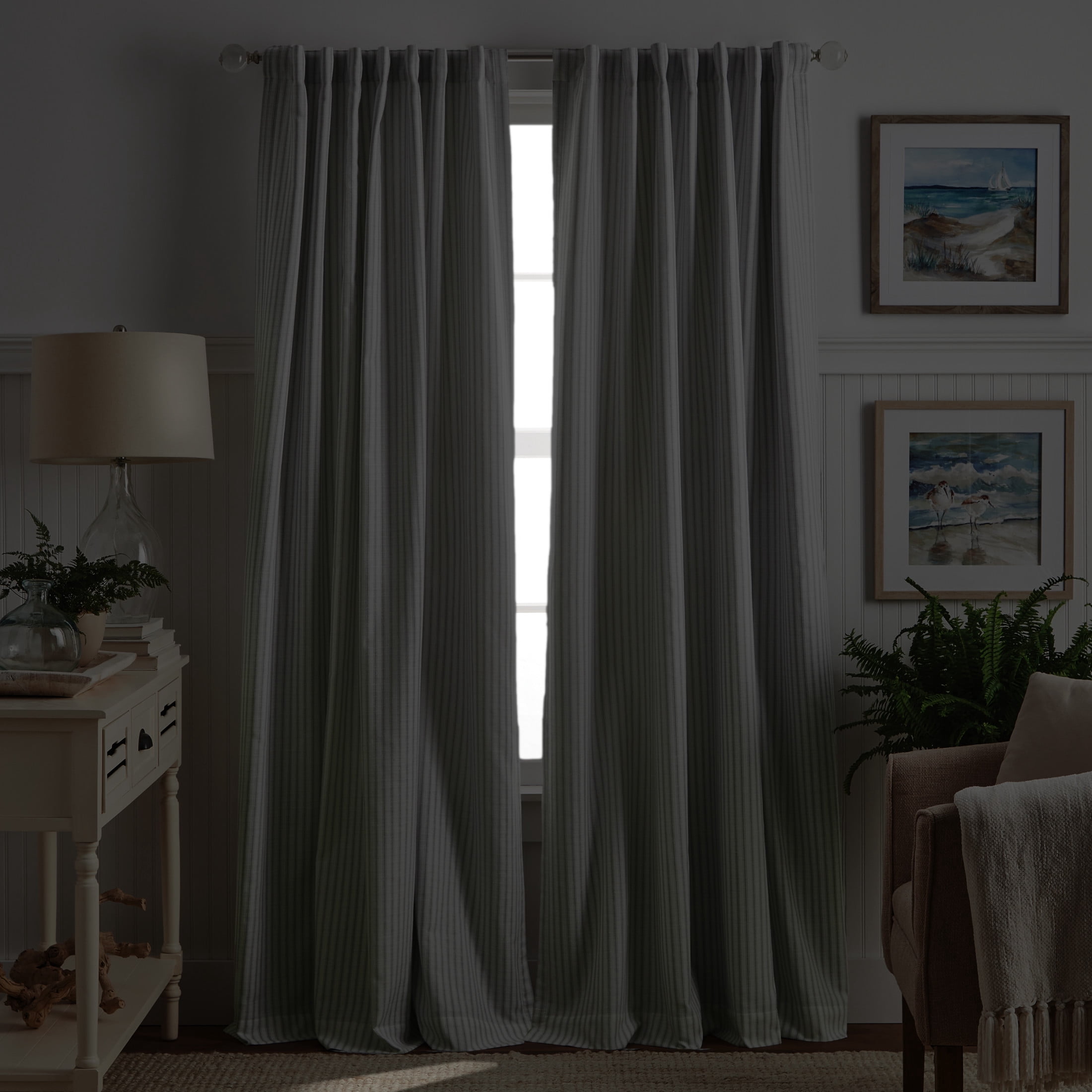 Martha Stewart Ticking Stripe Curtain Panel Pair, Grey, Poletop, Back Tab, Blackout, Indoor, 2 Piece Set, Adult, 50" x 84"