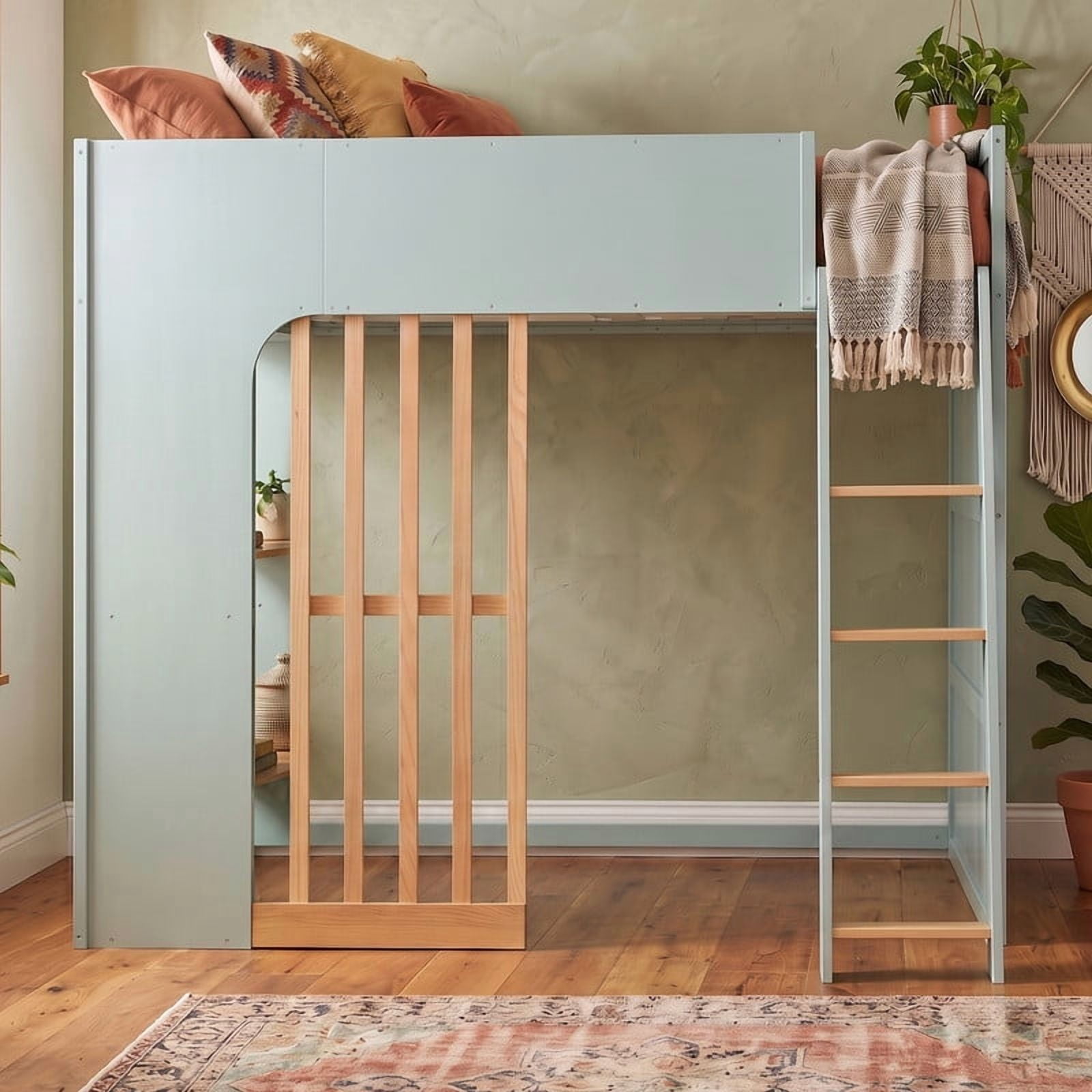 Full Size Kids Loft Bed with Shelves, Wooden High Profile Teens Storage Bed Frame with Ladder and Removable Large Drawer