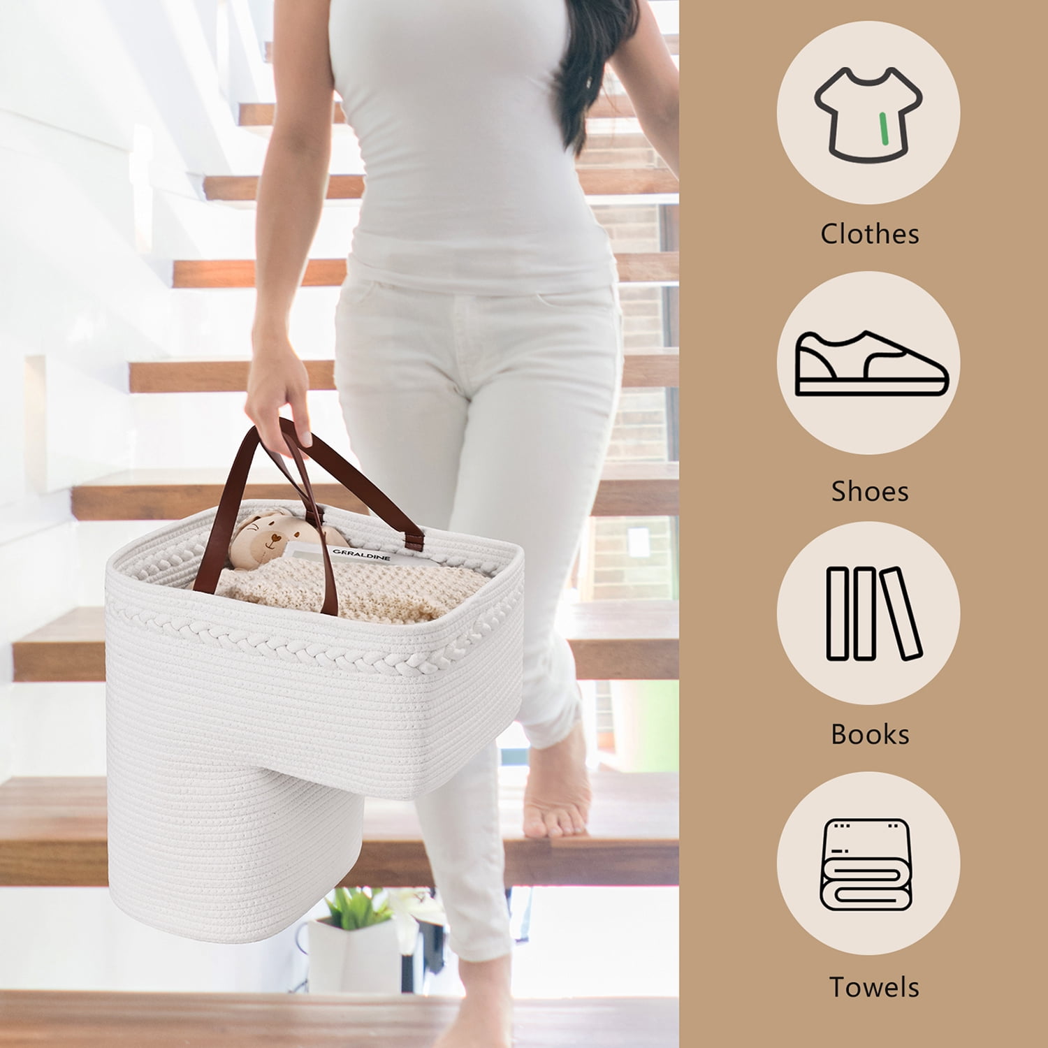 Natubeau Woven Storage Baskets, White Large Storage Basket with Handles for Wooden Stairs, Staircase Baskets for Organizing, 15"L x 10"W x 15"H