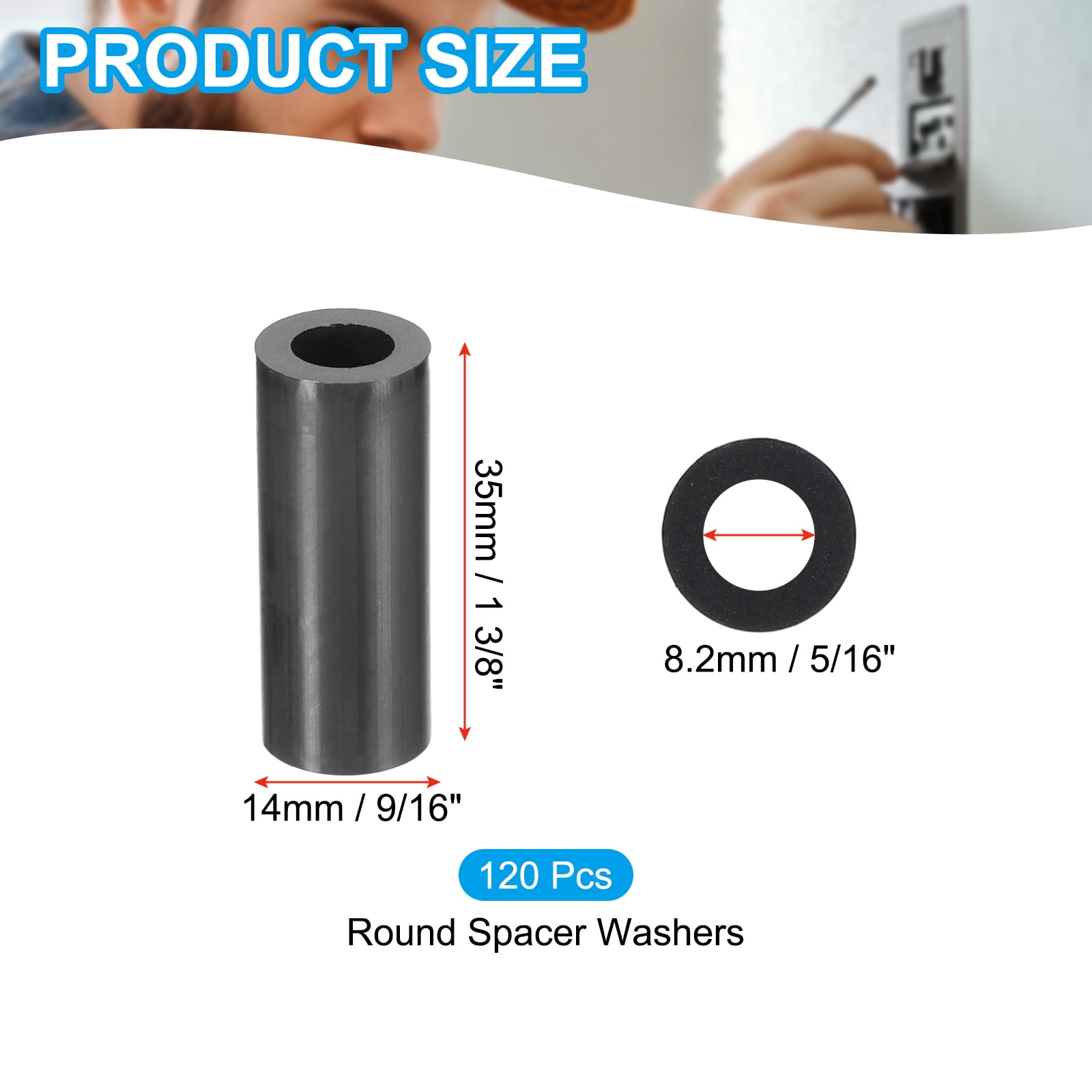 Uxcell 120Pcs M8 ABS Spacers 5/16" ID x 9/16" OD x 1 3/8" L Plastic Round Spacer Washers Black Standoff Nut Unthreaded for M8 or 5/16 inch Screws Bolts Electrical Outlet