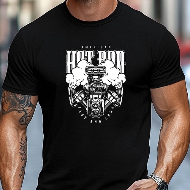 Men'S T-Shirt, Comfortable And Versatile, Easy Yet Stylish, Featuring an American Hot Rod Engine Design for Summer Casual Wear with a Round Neck And Short Length,