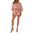 thumbnail image 3 of Yunliwuli Women's Summer Romper, Fashion 3/4 Sleeve V Neck Button Down Belted Jumpsuit Shorts, 3 of 10
