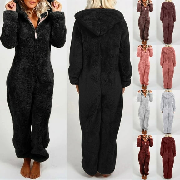 BiZtdJrK Winter Warm Jumpsuit for Women Plus Size Fuzzy Fleece Hoodies Pajama Zip Up Solid Onesies Loungewear Cozy Romper Sleepwear Pink L