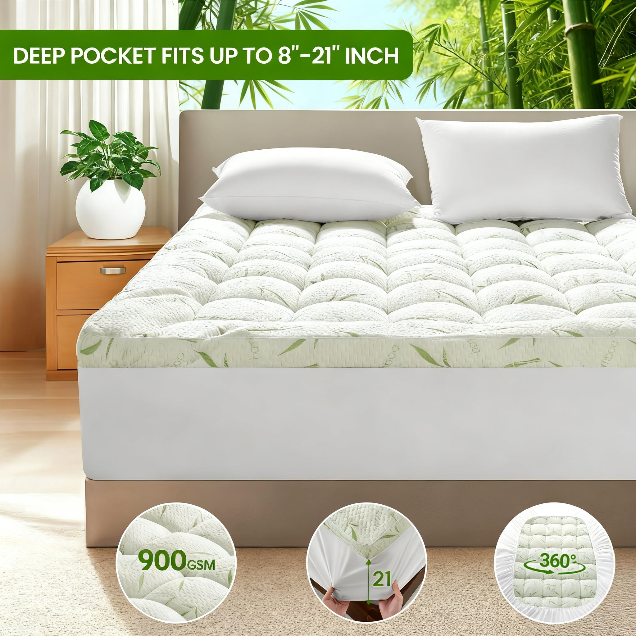 Baauye Cooling Bamboo Mattress Topper, 900GSM Quilted Mattress Pad with 8-21" Deep Pocket, Twin, Green