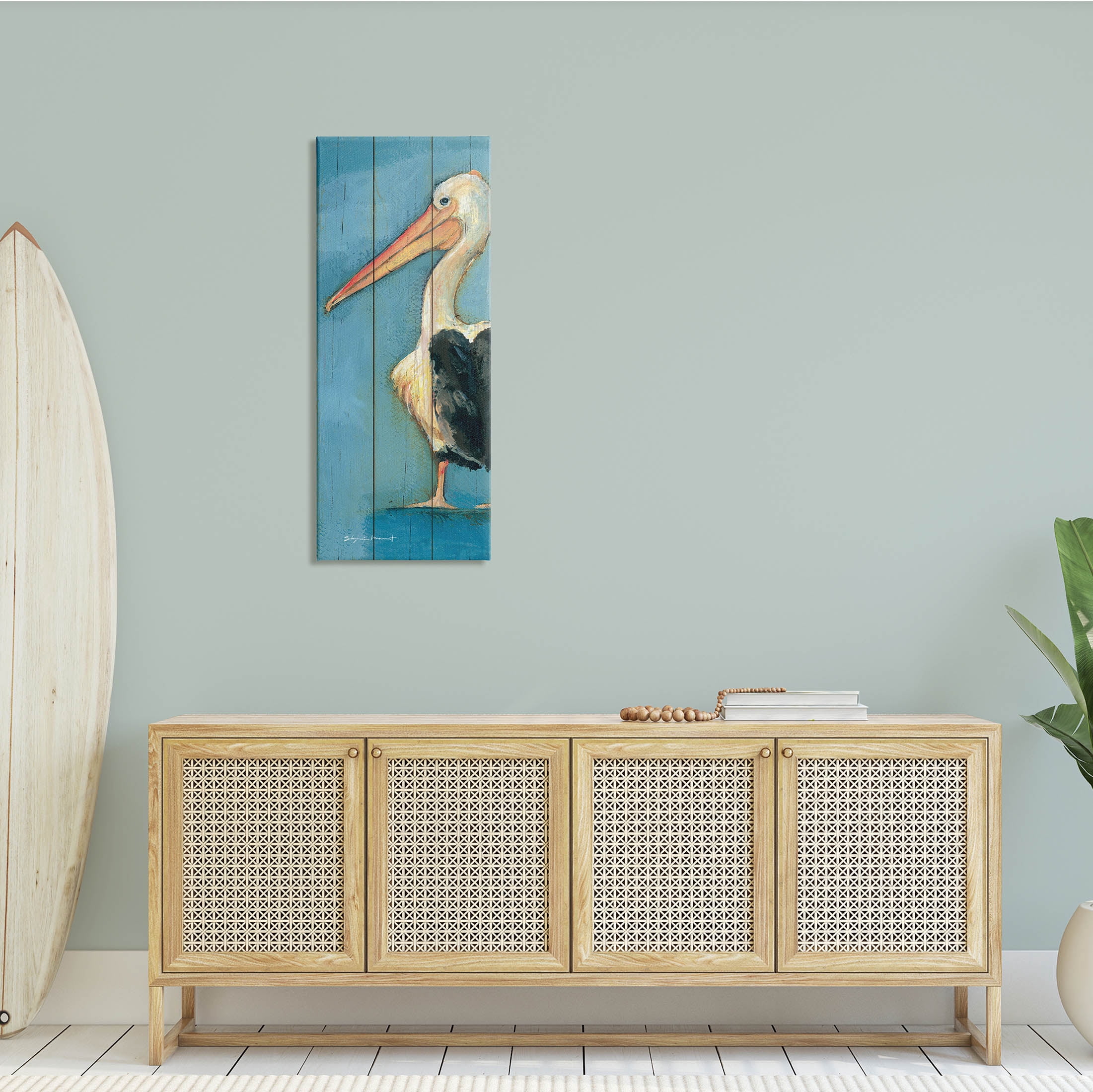 Stupell Industries Pelican Bird Over Blue Planked Pattern Animal Painting, 17 x 40, Design by Stephanie Workman Marrott