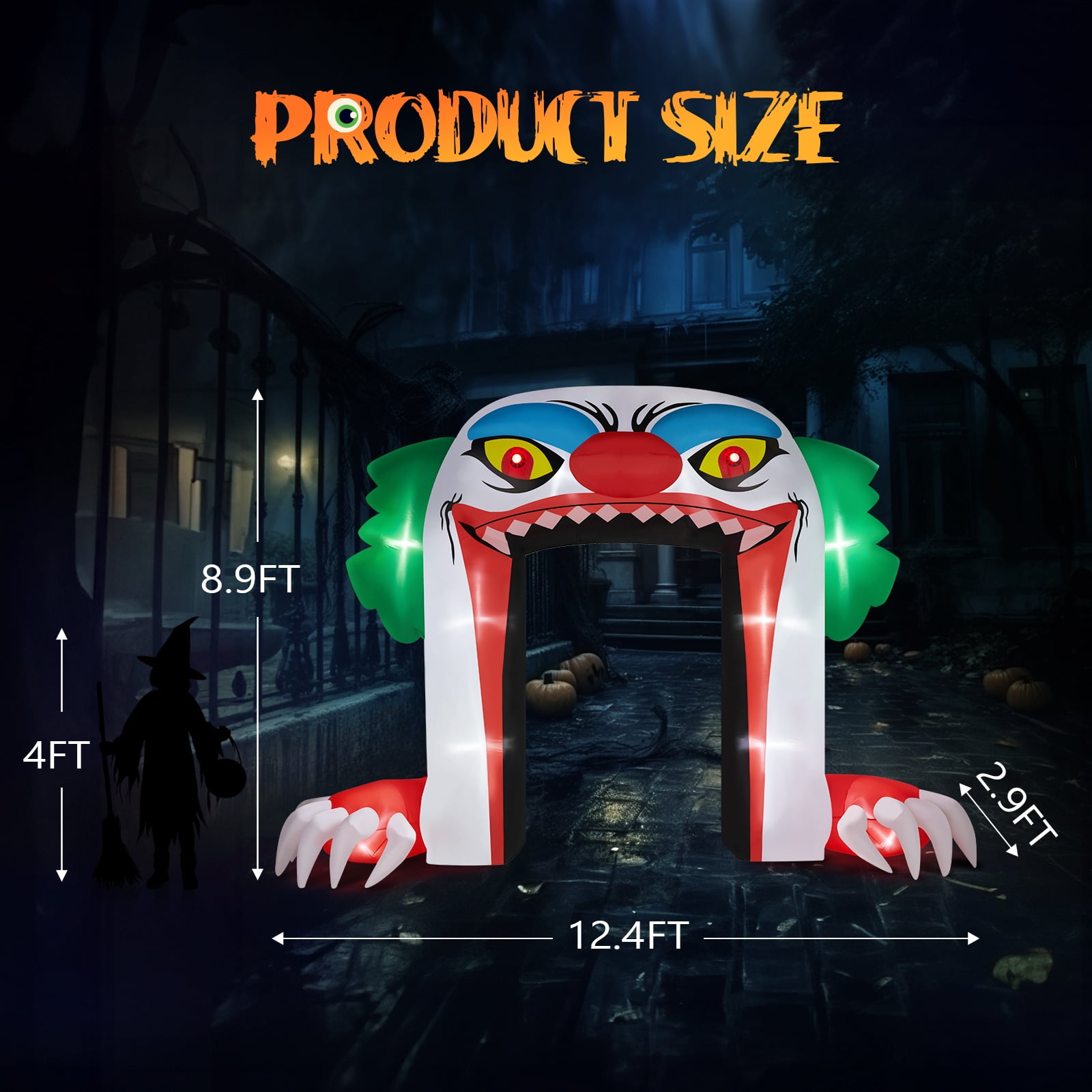 8.9 FT Halloween Inflatable Clown Archway with LED Lights, Giant Spooky Clown Decoration Quick-Inflate Includes Stakes Ropes for Holiday Party Front Yard Lawn Garden Decor