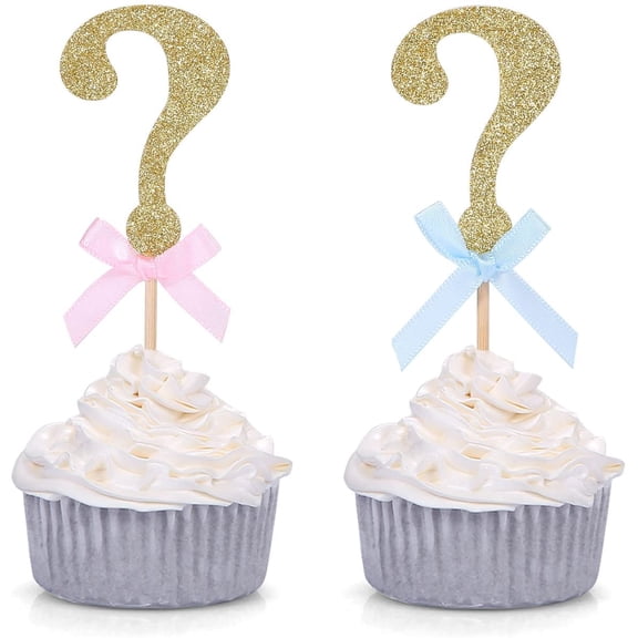 12pcs Gold Glitter Question Mark Cupcake Toppers Gender Reveal Party Decors (with Pink and Blue Bows)