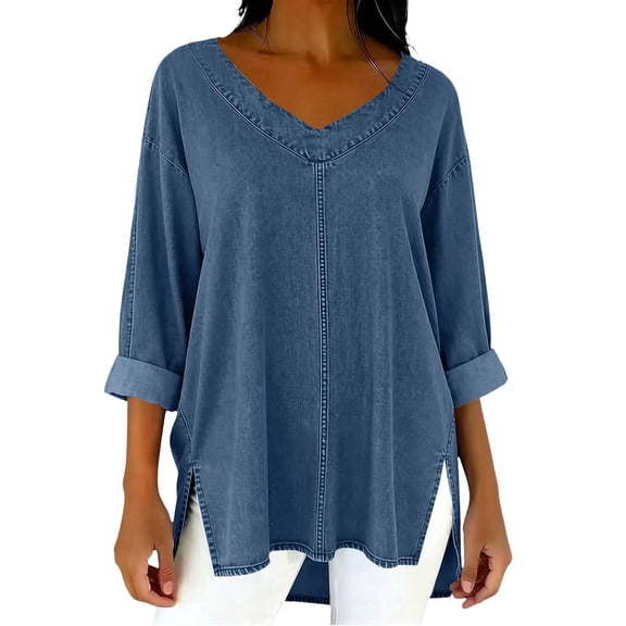 Pumxq Roll Up 3/4 Sleeve Jean Tops for Women Vintage Washed V Neck Denim Shirts Side Slit Dressy Casual Loose Tunic Blouses Blue L