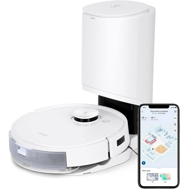 ECOVACS DEEBOT T9+ Max Robot Vacuum and Mop with 3000Pa suction, auto-empty station, and oscillating mop. This robotic floor cleaner features precision laser and 3D mapping for customized, hands-free cleaning. The image shows the vacuum docked at its auto-empty station alongside a smartphone displaying cleaning progress and 3D mapping.