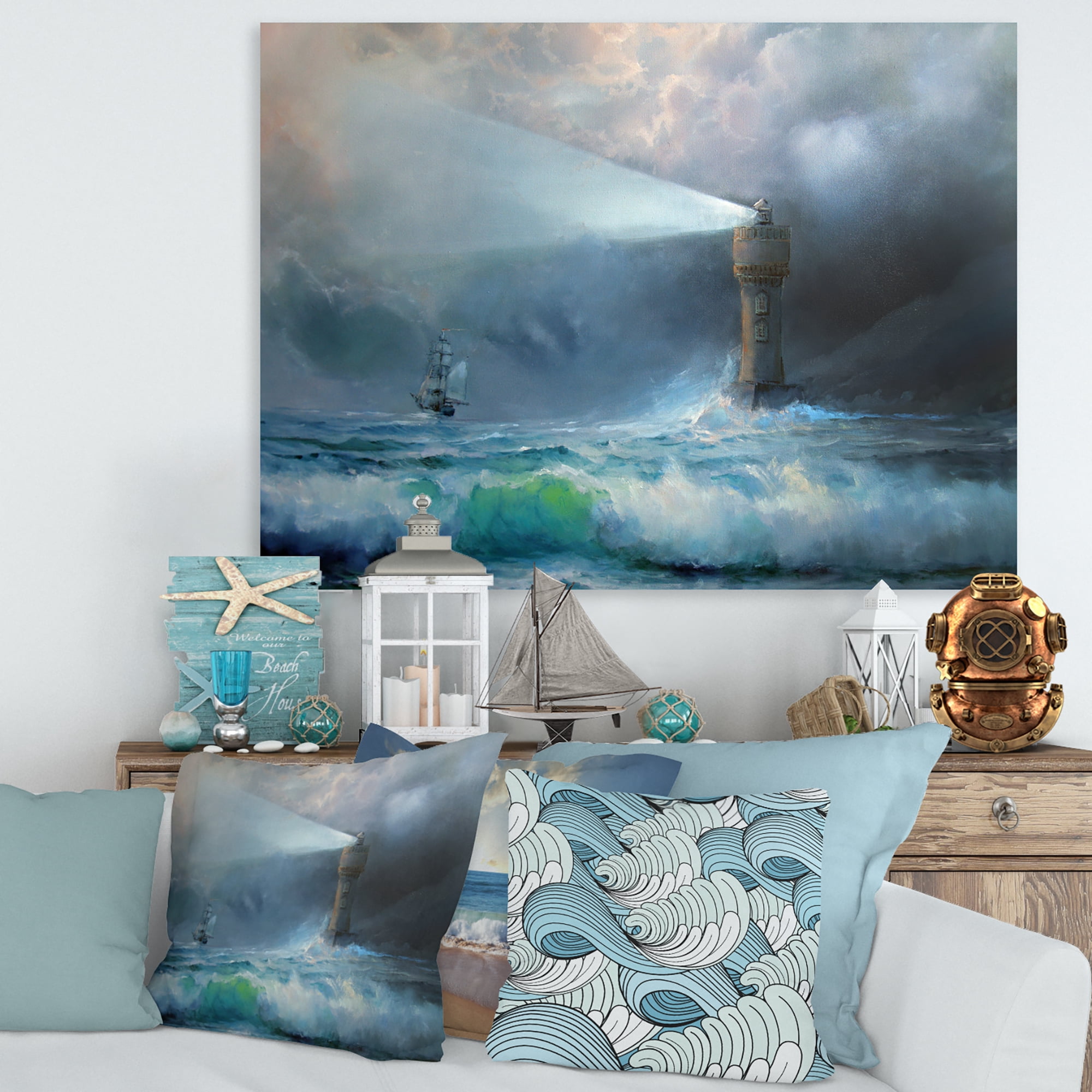 Designart ' Lighthouse Shining Light During Stormy Clouds Night II ' Nautical & Coastal Canvas Wall Art Print
