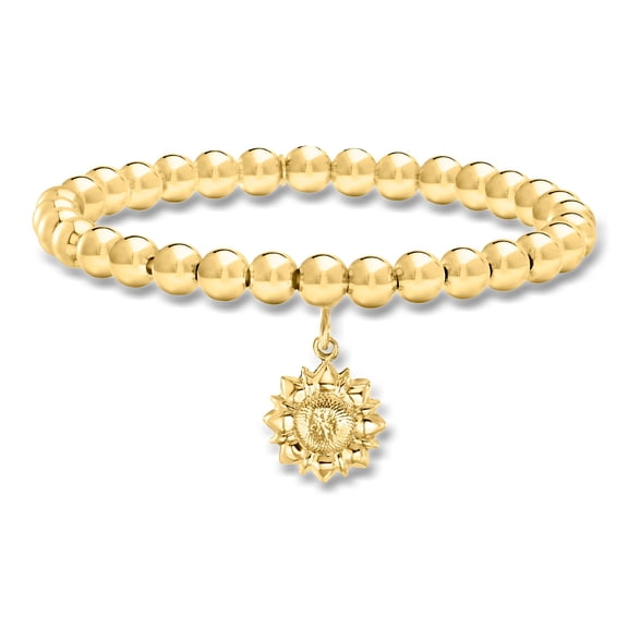 Ross-Simons Italian 6mm 18kt Gold Over Sterling Bead Stretch Bracelet With Sunflower Charm, Women's, Adult