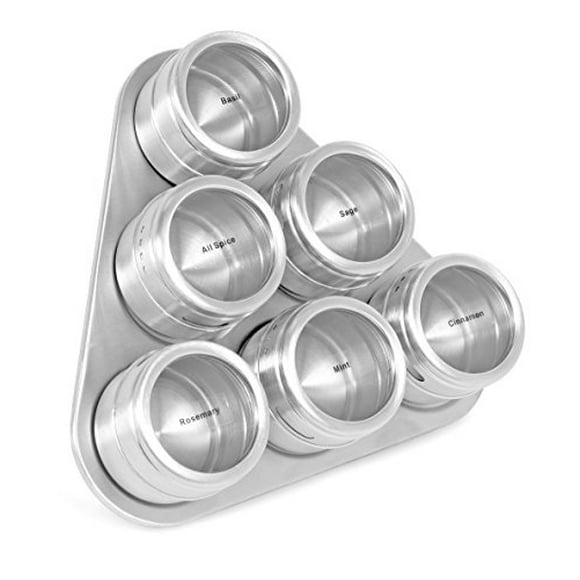 Internets Best Triangle Magnetic Spice Rack - 6 Jars - Round Storage Spice Rack Set - Clear Sift and Pour Lid - Stainless Steel