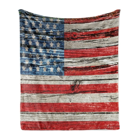 USA Soft Flannel Fleece Throw Blanket, Fourth of July Independence Day Painted Wooden Panel Wall Looking Image Freedom, Cozy Plush for Indoor and Outdoor Use, 50" x 70", Blue Red Beige, by Ambesonne