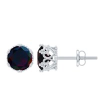 Rosec Jewels Black Opal Solitaire Stud Earrings for Women, Crown Earrings (6 mm), 18K White Gold