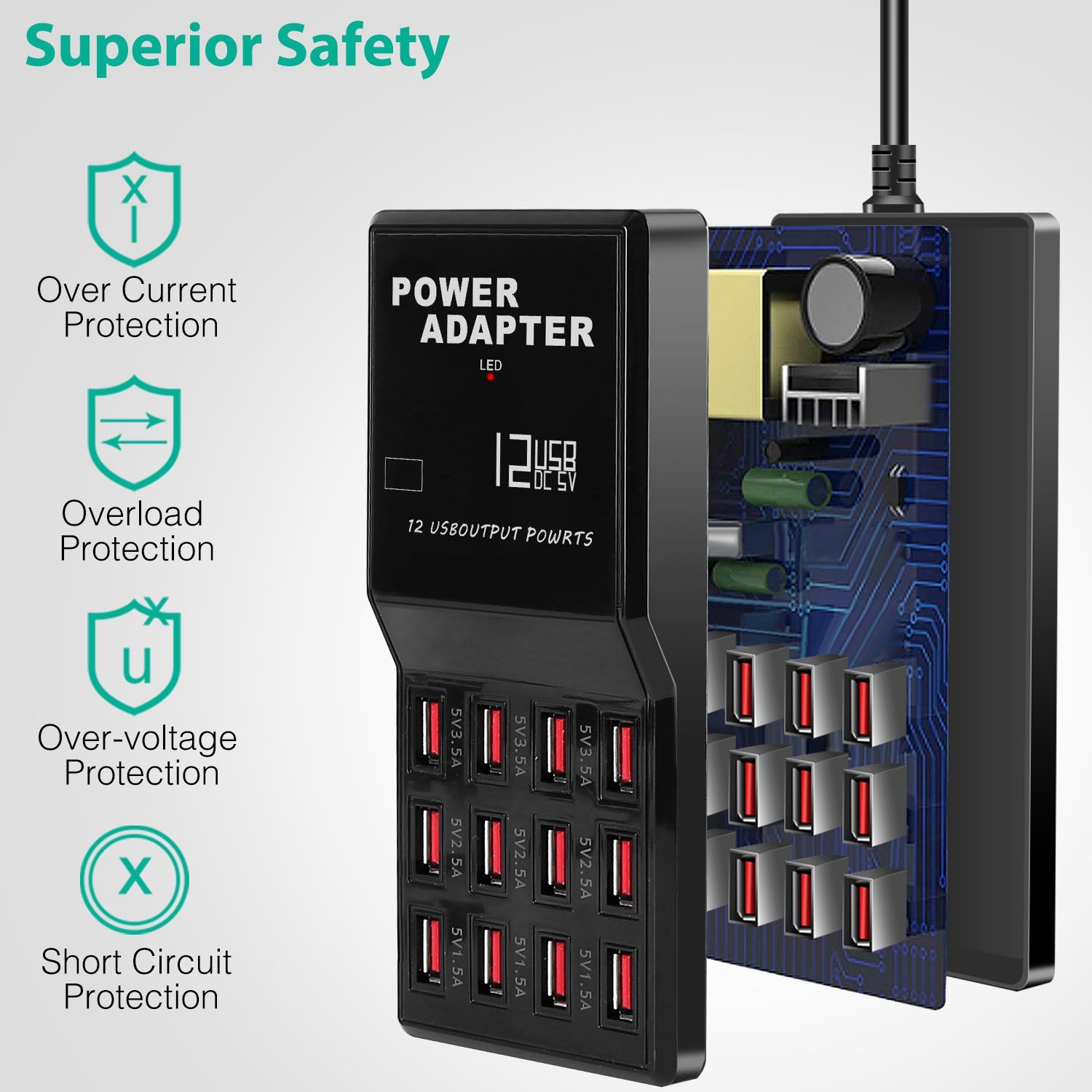12-Port USB Charging Station 60W - Fast 3.5A Per Port Desktop Hub with Smart IC, Overload Protection for iPhone/iPad/Camera - Compact 6.7" Family Power Strip