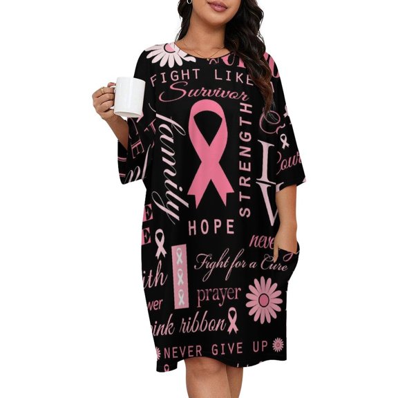 Breast Cancer Pink Ribbon Sleepshirts For Sleeping Travels Loose Sleepdress Pajama Dress Soft Nightdress Sleepwear